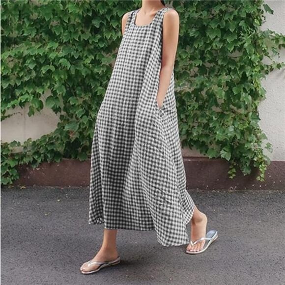 Women's Casual Loose-Fit Cotton and Linen Plaid Tank Maxi Dress - Picture 2 of 6